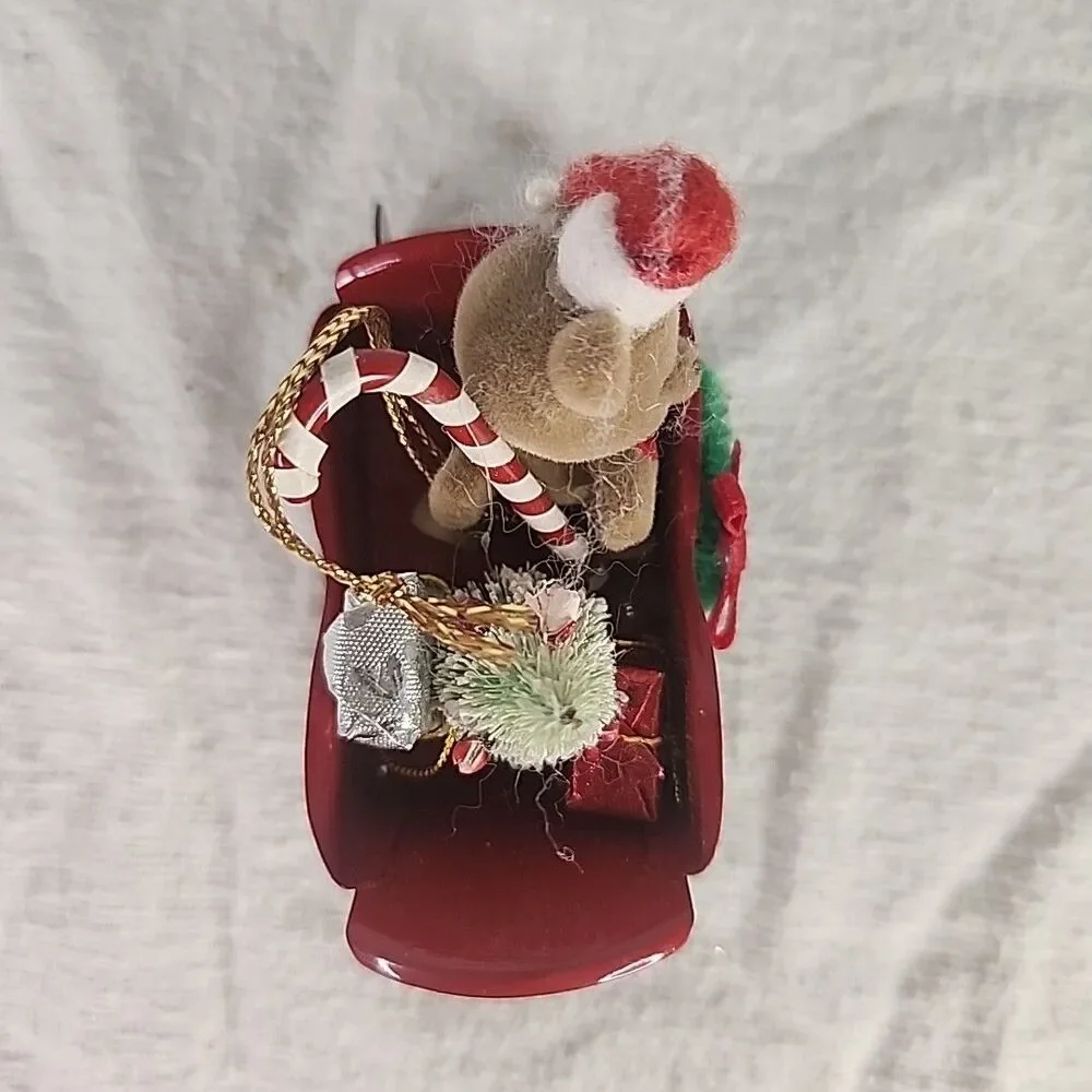 Red Metal Ornament Sleigh With Flocked Teddy Bear & Presents Russ Berrie 1980’s